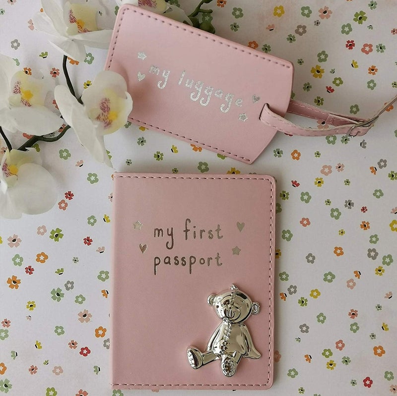 Oaktree Gifts My First Passport & Luggage Tag Set with metal teddy icon Pink - Image 2